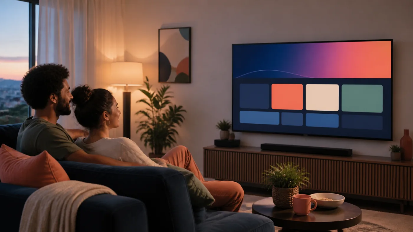 Casal assistindo a uma programação organizada em uma Smart TV na sala