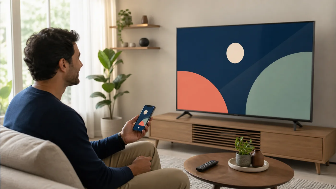 Pessoa configurando uma Smart TV com o celular durante o teste IPTV